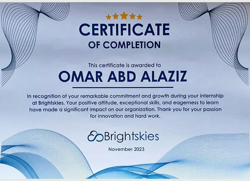 Internship completion certificate issued to Omar Kolib