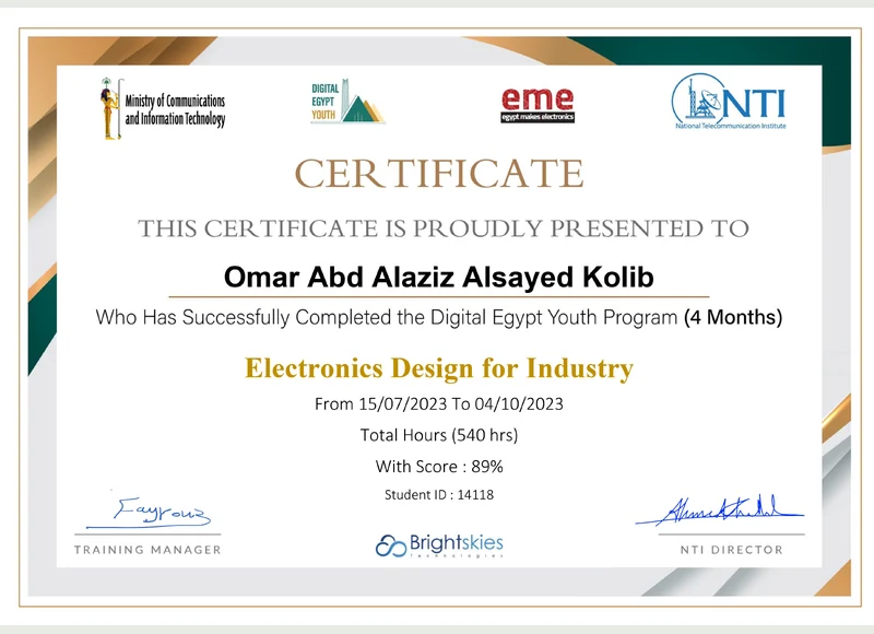 Electronics Design for Industry certificate issued to Omar Kolib