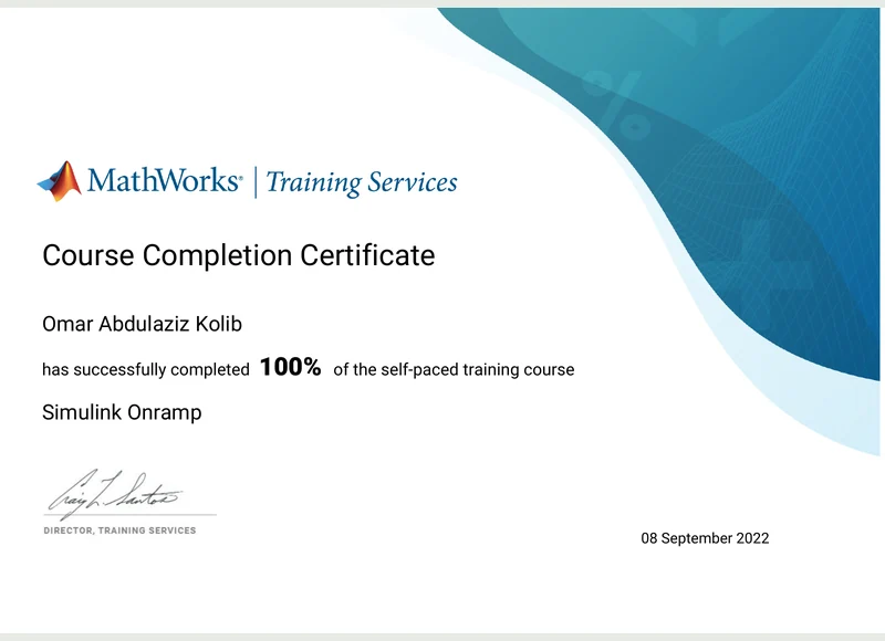 Simulink Onramp certificate issued to Omar Kolib